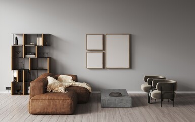 3d rendering of modern living room with leather brown sofa,soft armchairs, open shelf with decor and books, white decorative pillows,wool blanket. Empty white frames for art on wall. Mock up room