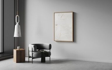 3d rendering of modern living room with armchair with blanket. Chandelier modern minimalist lamp cement. Decor plaster light, eco design. Beige abstract wave texture images art on wall. Frame mockup