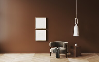 3d rendering of modern living room with armchair with blanket. Chandelier modern minimalist lamp cement. Decor plaster light, eco design. Beige abstract wave texture images art on wall. Frame mockup