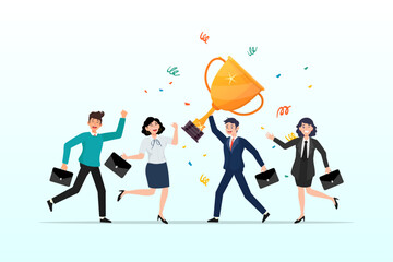 Joyful business people team colleagues celebrate success winning trophy, success work achievement or team victory, winner or leadership, career success celebration, winning award concept (Vector)
