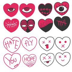 Set of red hand drawn hearts. Hand drawn cool emo dark heart isolated on white background. Vector illustration