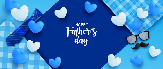 Happy Father’s Day greeting card. Design with hearts on blue background. Vector.