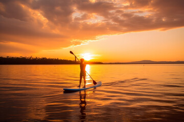 Sunset Stand up Paddling at Lake, in the rays of setting sun. Summer activities. Generative AI