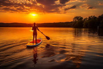 Sunset Stand up Paddling at Lake, in the rays of setting sun. Summer activities. Generative AI