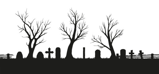 The hand drawn vector set of dead trees in a cemetery with tombstones. 