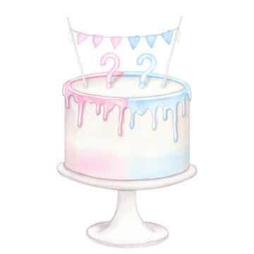 Cake on a stand blue pink boy girl twins kids birthday surprise. Hand drawn watercolor illustration isolated on white background. For gender reveal party, baby shower, children's design, newborn