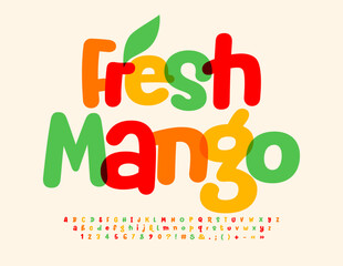 Fototapeta premium Vector colorful emblem Fresh Mango. Funny handwritten Font. Bright playful Alphabet Letters and Numbers set