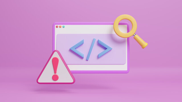 3D illustration code issue, Cyber security icon. Data protection symbol. Secured network icon collection. Technology concept. Triangle warning alert, coding program software development. 3d rendering