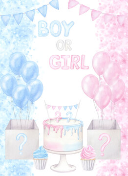 Pink blue card gender reveal party invitation. Boy or girl, he or she. Balloon cupcake confetti. Hand drawn watercolor illustration isolated white background. For baby shower, children's holiday