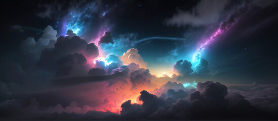 Obraz na płótnie Canvas Warm Glow of Nebula, Vibrant Night Sky. vibrant colors in the night sky as a distant galaxy emanates a mesmerizing neon glow. warm glows illuminate the clouds or nebula in the night sky. 