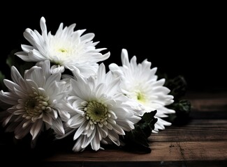 Fototapeta premium A bunch of white daisy flowers on rustic chalkboard table surface, with blur copy space background. Created with Generative AI technology.