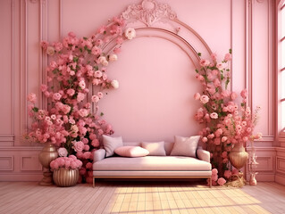 stanza romantica, con fiori, e tonalità rosa, mock up romantico, 3d render, ideale per sovrapposizione fotografica, colori pastello, rosa , creata con ai - obrazy, fototapety, plakaty