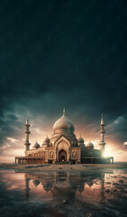 Obraz premium Beautiful Mosque Night Background, Religious Background, with sky and moon, Ai Generative