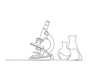 Continuous one line drawing of microscope and laboratory test tube. Microscope line art vector illustration. Research and science concept. Editable stroke.	