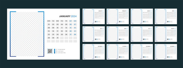 Calendar 2024 planner corporate template design set. Week starts on Monday. template for annual calendar 2024