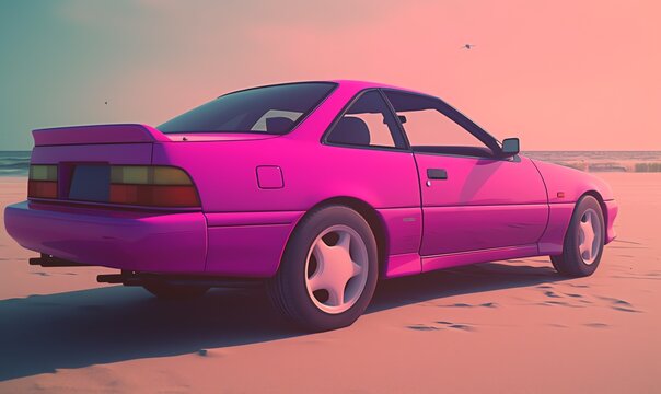 A synthwave 1990s style sports coupe