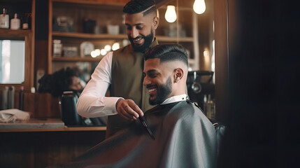 Proficient Male Barber Creating Trend-Setting Haircut in Futuristic Barber Shop. Generative AI.