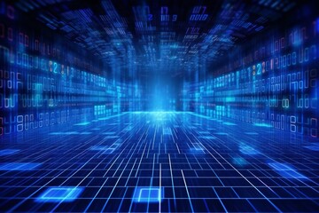 Fototapeta na wymiar Blue data matrix simulation digital line and grid technology with futuristic HUD background Generative AI