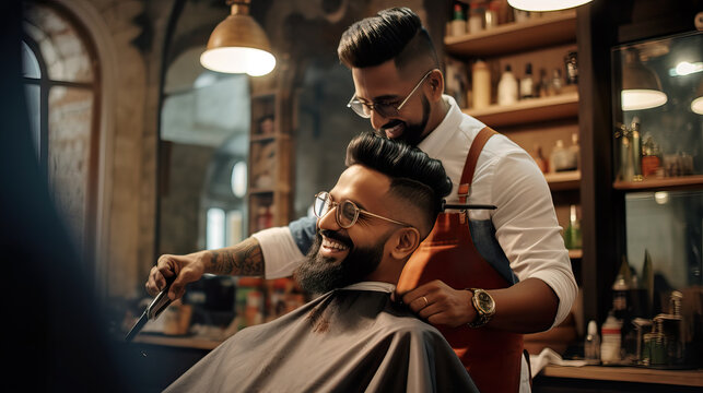 Proficient Male Barber Creating Trend-Setting Haircut in Futuristic Barber Shop. Generative AI.