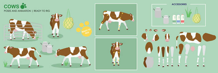 Brown cow ready to animate with multiple poses accessories. Vector file labeled ready to rig. milking cow, cow walking, standing, front, side views sitting, farm animals for animation