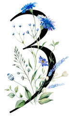 Black number 3 with watercolor blue cornflowers and wildflowers bouquet, Summer wedding element