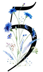 Black number 5 with watercolor blue cornflowers and wildflowers bouquet, Summer wedding element