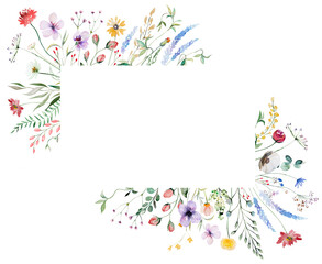 Obraz na płótnie Canvas Frame made of watercolor wild flowers and leaves, summer wedding and greeting illustration