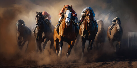 Obraz premium Fast horse racing illustration. Jockey sports in speed. Generative AI.