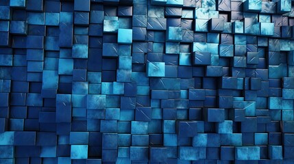 3D Blue Glazed Ceramic Tiles Arranged in Rectangular Wall Network for Textured Slick Background. Generative AI