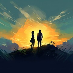 Fantasy Art of an Anime Couple on a Hill: An Abstract Generative Illustration of Nature, People, and Sky: Generative AI