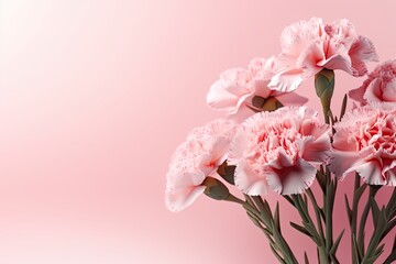 Naklejka na ściany i meble Happy Mother's Day Greeting: Generative Carnation Bouquet on Pastel Pink Background with Copy Space, Generative AI