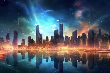 Stunning Cityscape of Vibrant Nightlife: Modern City Skyline with Illuminated Buildings & Stars Shining Brightly, Generative AI