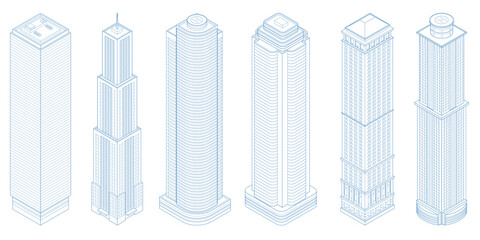 Isometric modern skyscraper outline, modern buildings on write background