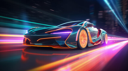 A cyberpunk sports car races on a neon highway, flaunting its commanding acceleration with a vivid display of colorful light trails