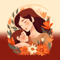 Illustration of mother holding her small child. Flowers in the background. Concept of Mother's Day.