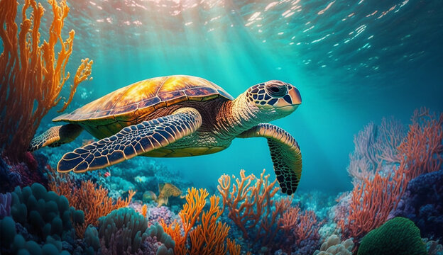 turtle life in the coral reef, animals of the underwater sea world, Generative AI