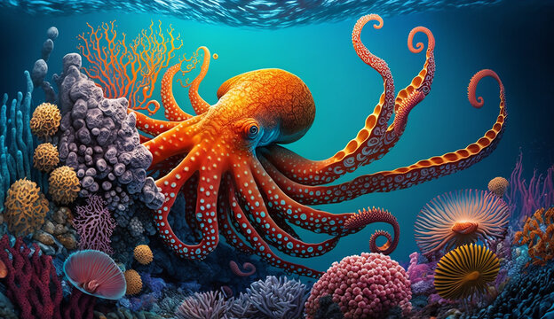 Octopus In The Coral Reef, Animals Of The Underwater Sea World, Generative AI