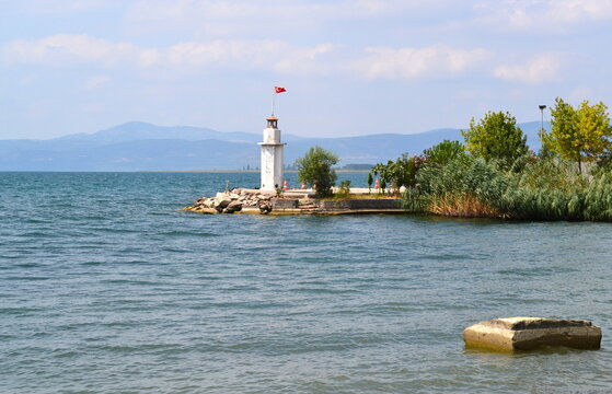 View of a lighthouse by Lake Iznik in Bursa, Turkey.