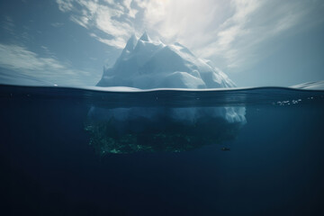 Iceberg in the ocean, surface and underwater. AI generative.