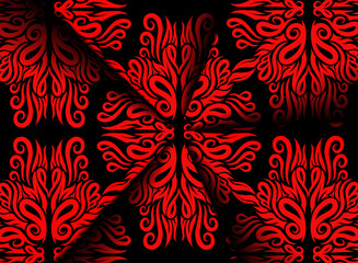 Beautiful colourful red flowers line art pattern gradient batik dayak ornament design template elements background 