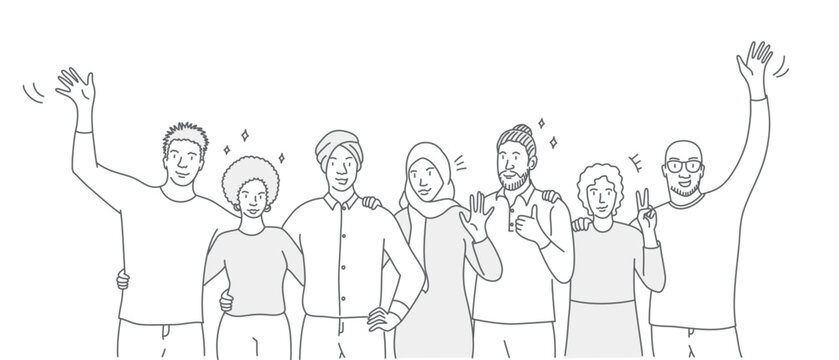 Group of happy people waving their hands.