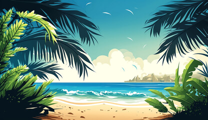 Fototapeta na wymiar Summer background with sea or ocean beach, palm tree leaves and free space for text, generative ai
