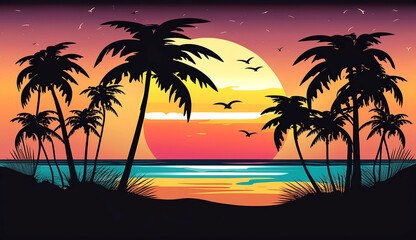 Fototapeta na wymiar Summer holiday background with palm trees silhouettes on sunset tropical beach, generative ai