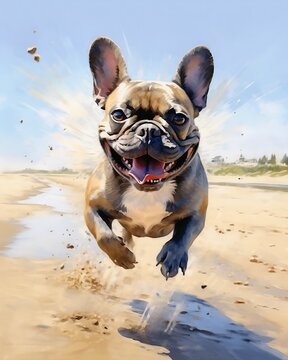 french bulldog smiling running on the beach, watercolor. Created using generative AI