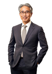 Middle-aged Asian businessman, a successful director portrait. Isolated on transparent white background. Generative AI