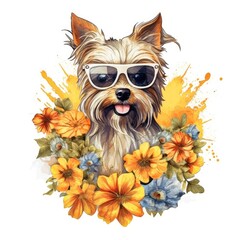 Watercolor cute Yorkshire Terrier with sunglasses and flowers in a white background Generative AI Illustration