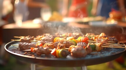 Obraz premium AI-created image of BBQ with friends, focus on grilling meat and veggies