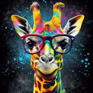 A colorful cute giraffe with glasses painted in splatter ink Generative AI Illustration