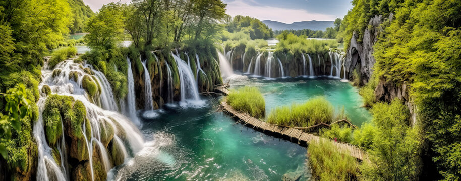 Panoramic beautiful deep forest waterfall. Generative AI