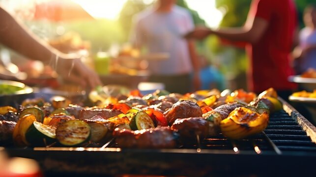 AI-rendered image of BBQ party, focus on grilling meat and vegetables